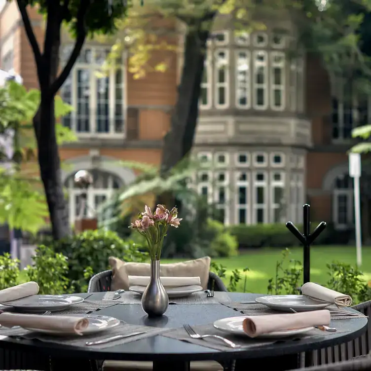 Una mesa al aire libre con un jardín y una mansión en Nueve Nueve Bistro, uno de los mejores restaurantes con terrazas en la CDMX.