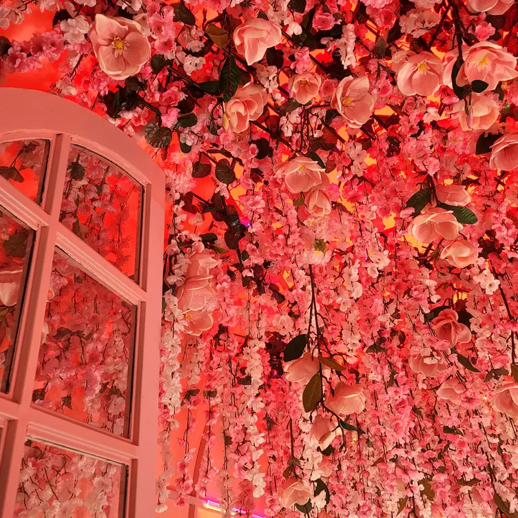 Imagen contrapicada donde se puede ver una ventana color de rosa y un techo cubierto de flores rosadas dentro de Hello Kitty Café Cháteau, uno de los mejores restaurantes para desayunar en CDMX.