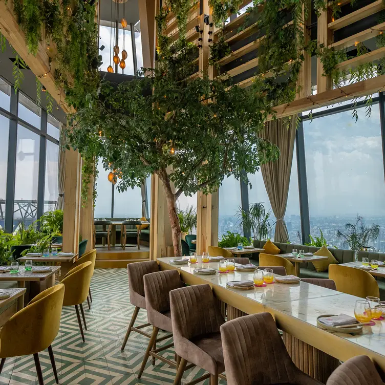 Vista al interior de Ling Ling México, con una panorámica de la ciudad y lleno de naturaleza, madera y paredes de cristal.