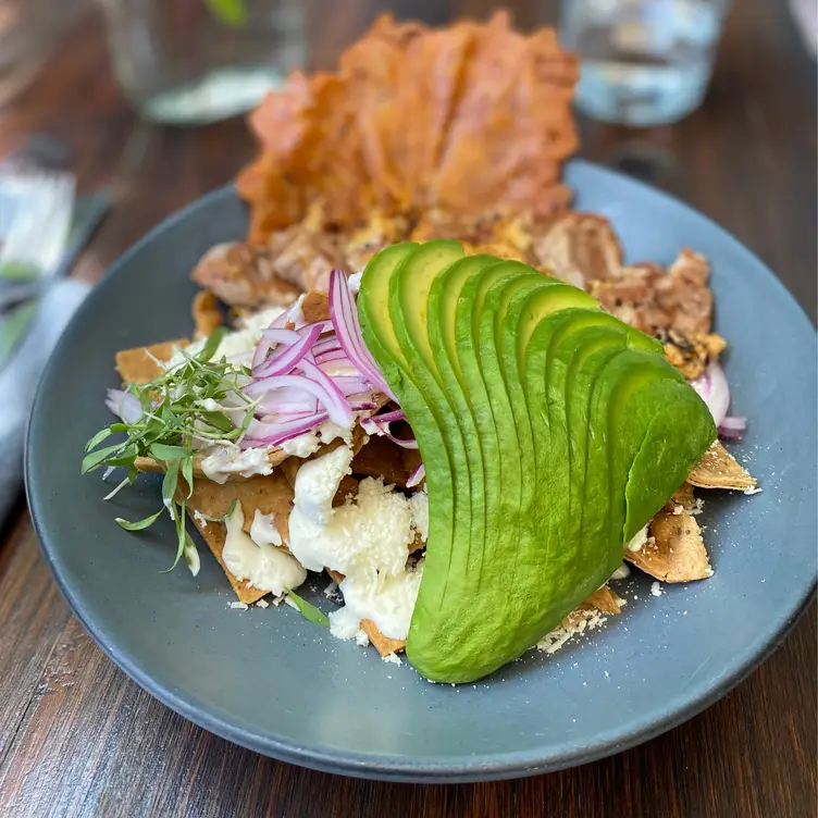 Un plato de chilaquiles con aguacate, cebolla morada y crema en Petit Roquefort, uno de los mejores lugares para desayunar en CDMX