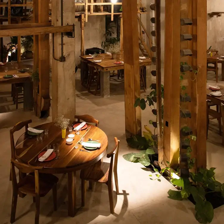 Interior de Salón Gallos, uno de los mejores restaurantes románticos en Mérida, con mobiliario y acabados en madera además de vegetación ornamental.