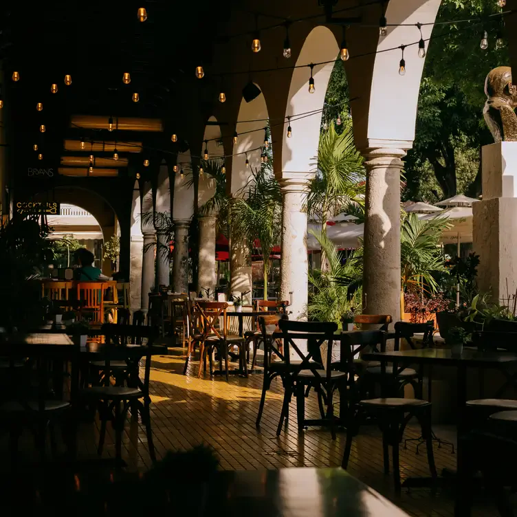 Mesas de madera en una plaza con portales de la época colonial, e iluminación a media luz en Avec Amour - Bistro Fusion, uno de los mejores restaurantes románticos en Mérida.