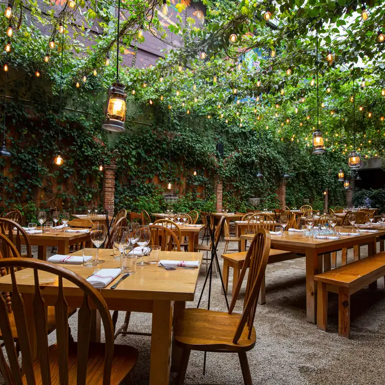 Vista interior de Huset, uno de los mejores restaurantes románticos en la CDMX, con mobiliario de madera y rodeado de vegetación.