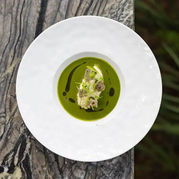 Una crema de vegetales finamente decorada en Ixi'im, uno de los mejores restaurantes que hay en Mérida.