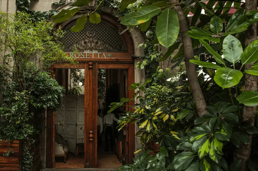 View of the facade of Rosetta, one of the best restaurants in Mexico City, with vegetation, wooden doors and quarry walls.