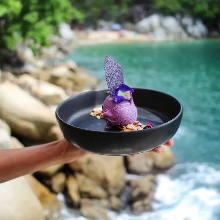 Una persona sosteniendo un plato con helado a la orilla del mar en Ocean Grill Vallarta, uno de los mejores restaurantes de Puerto Vallarta.