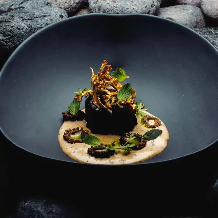 Un plato de hongos en un tazón negro en Ha', un restaurante ganador de una estrella MICHELIN en México.