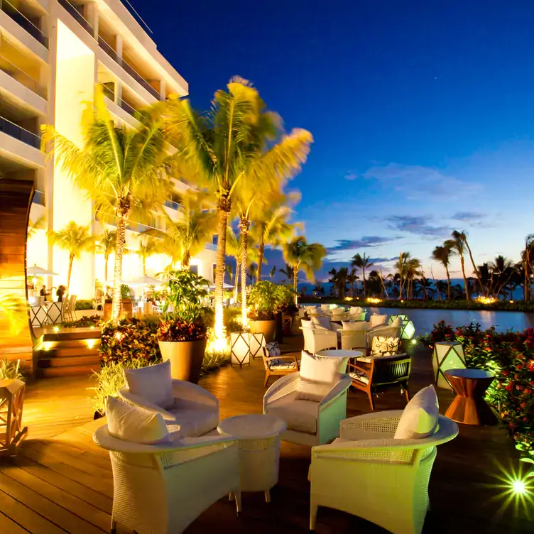 Vista de la terraza con mesas y sillas blancas, con palmeras y un río en Burger at Vidanta Vallarta.